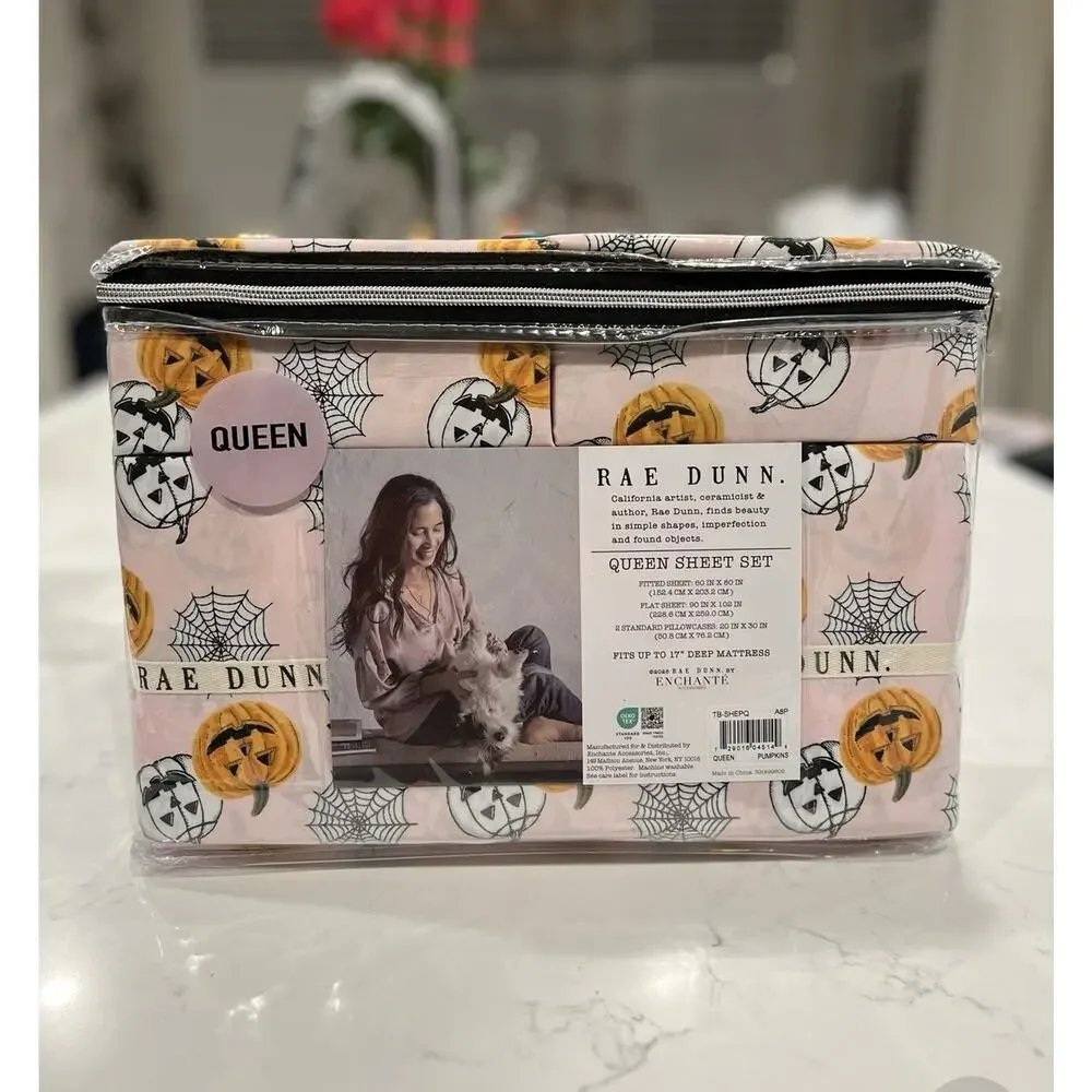 Rae Dunn Halloween Queen Sheet Set Pink With Jack O Lanterns Festive Spooky New